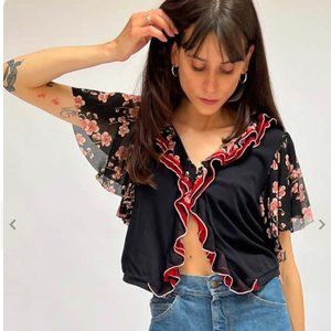 Vivienne Tam Black Floral Ruffle Bolero Blouse
